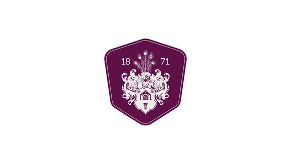 Purple crest emblem with the year 1871 on a white background.